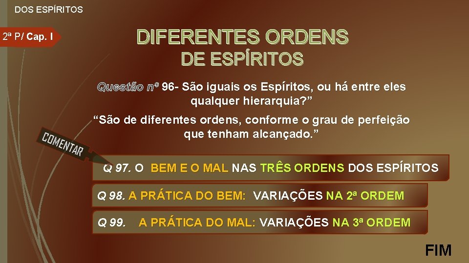 DOS ESPÍRITOS DIFERENTES ORDENS 2ª P/ Cap. I DE ESPÍRITOS Questão nº 96 -