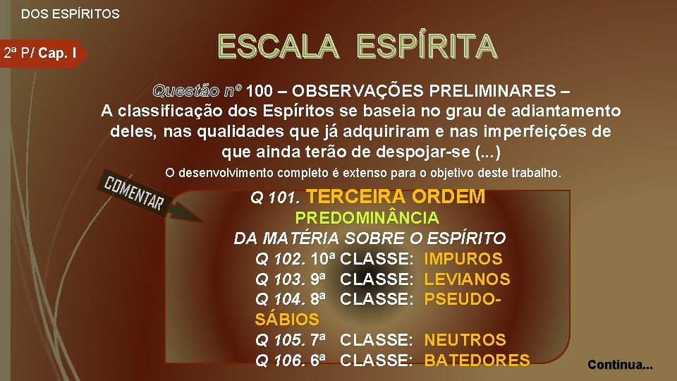 DOS ESPÍRITOS 2ª P/ Cap. I ESCALA ESPÍRITA Questão nº 100 – OBSERVAÇÕES PRELIMINARES