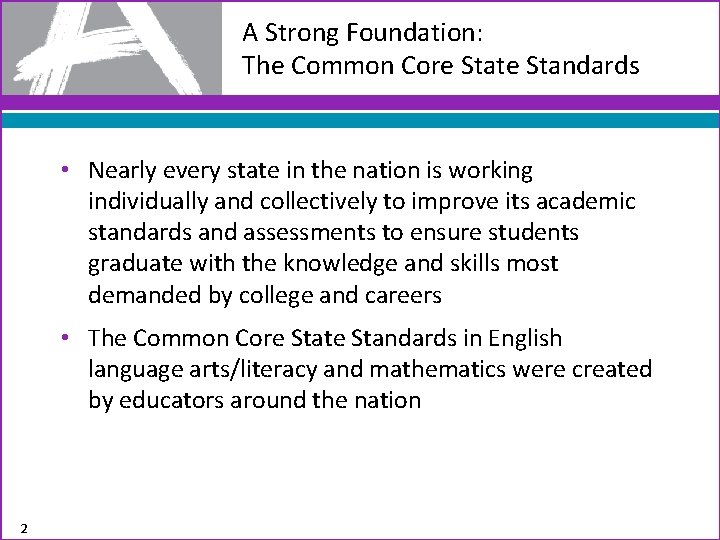 A Strong Foundation: The Common Core State Standards • Nearly every state in the