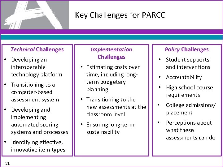 Key Challenges for PARCC Technical Challenges • Developing an interoperable technology platform • Transitioning