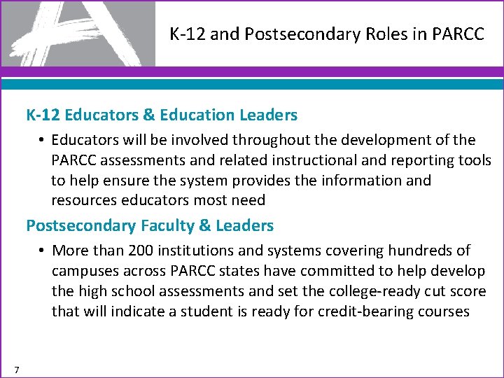 K-12 and Postsecondary Roles in PARCC K-12 Educators & Education Leaders • Educators will
