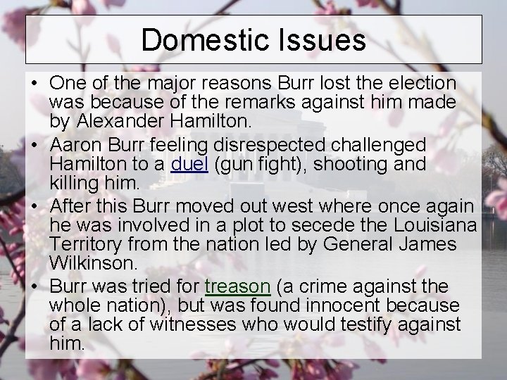 Domestic Issues • One of the major reasons Burr lost the election was because