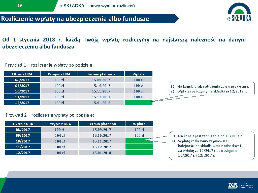 16 e-SKŁADKA – nowy wymiar rozliczeń Rozliczenie wpłaty na ubezpieczenia albo fundusze Od 1