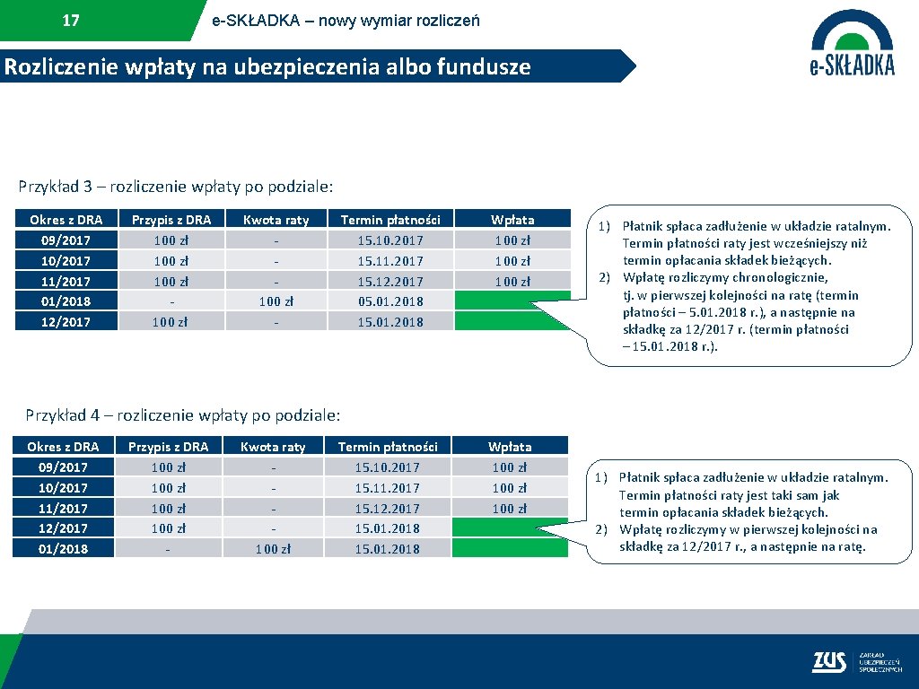 17 e-SKŁADKA – nowy wymiar rozliczeń Rozliczenie wpłaty na ubezpieczenia albo fundusze Przykład 3