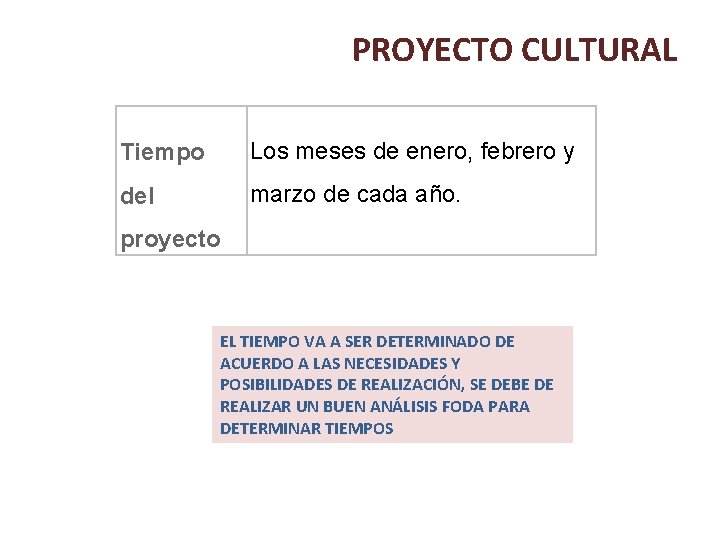 PROYECTO CULTURAL Tiempo Los meses de enero, febrero y del marzo de cada año.
