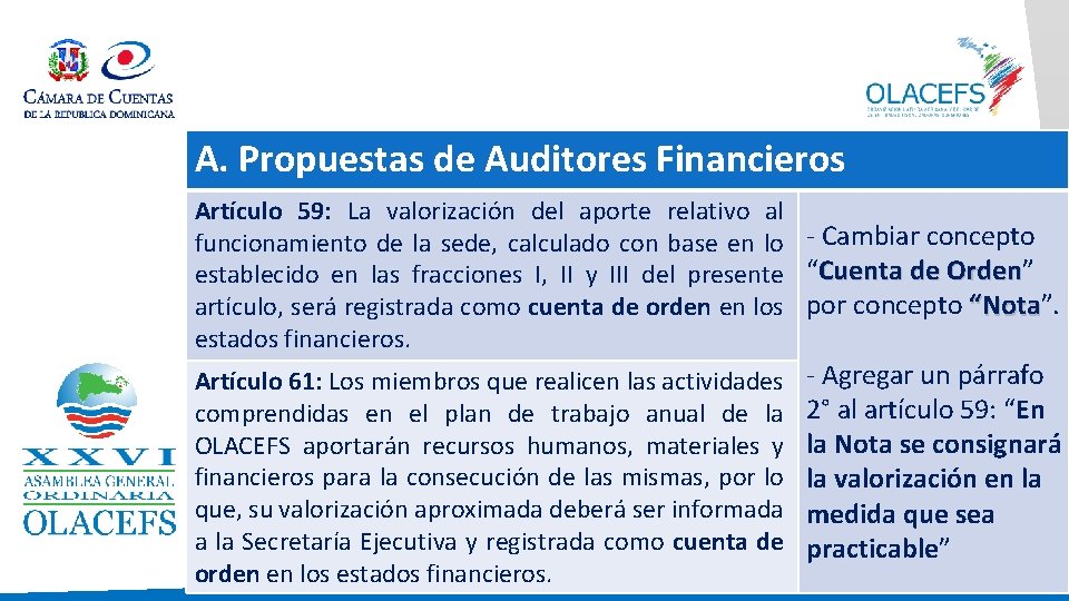 A. Propuestas de Auditores Financieros Artículo 59: La valorización del aporte relativo al funcionamiento
