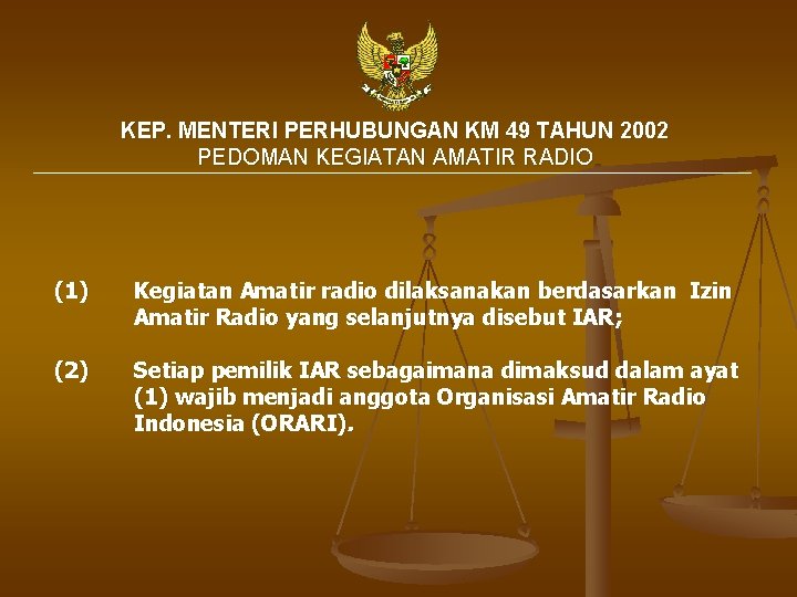 KEP. MENTERI PERHUBUNGAN KM 49 TAHUN 2002 PEDOMAN KEGIATAN AMATIR RADIO (1) Kegiatan Amatir