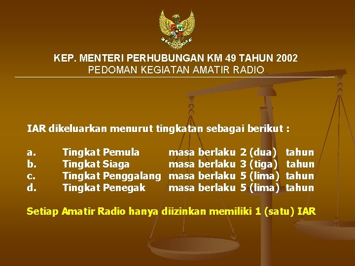 KEP. MENTERI PERHUBUNGAN KM 49 TAHUN 2002 PEDOMAN KEGIATAN AMATIR RADIO IAR dikeluarkan menurut