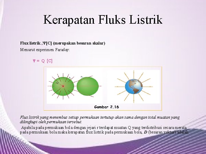 Kerapatan Fluks Listrik Flux listrik , Ψ[C] (merupakan besaran skalar) Menurut experimen Faraday: Ψ