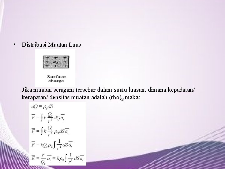  • Distribusi Muatan Luas Jika muatan seragam tersebar dalam suatu luasan, dimana kepadatan/