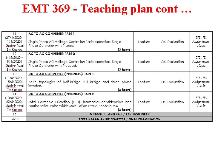 EMT 369 - Teaching plan cont … 