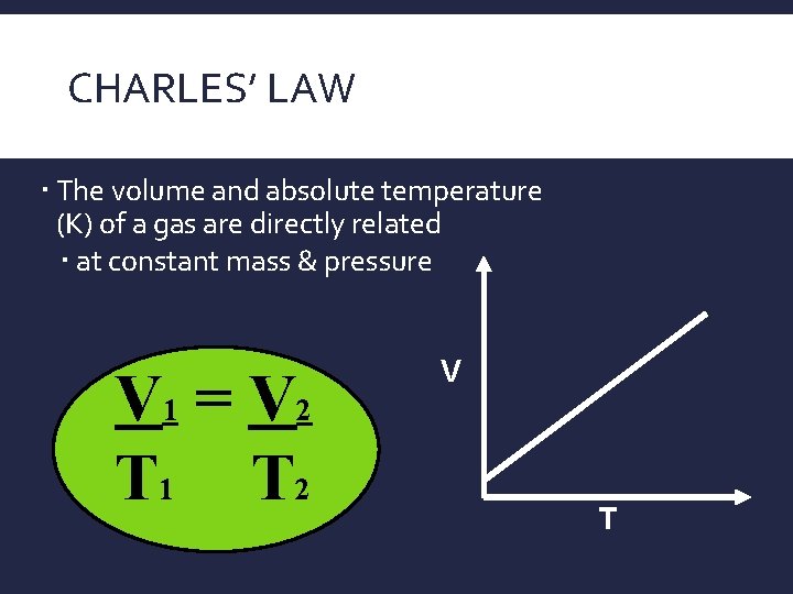 CHARLES’ LAW The volume and absolute temperature (K) of a gas are directly related
