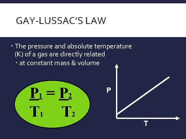 GAY-LUSSAC’S LAW The pressure and absolute temperature (K) of a gas are directly related