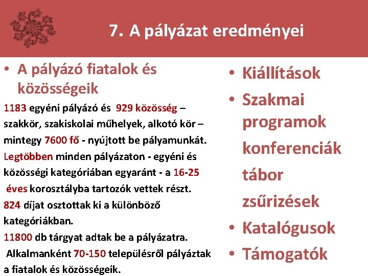 7. A pályázat eredményei • A pályázó fiatalok és közösségeik 1183 egyéni pályázó és