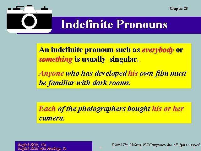 Chapter 28 Indefinite Pronouns An indefinite pronoun such as everybody or something is usually