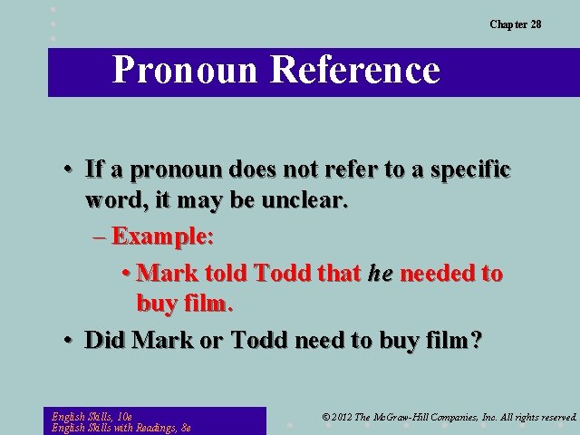 Chapter 28 Pronoun Reference • If a pronoun does not refer to a specific