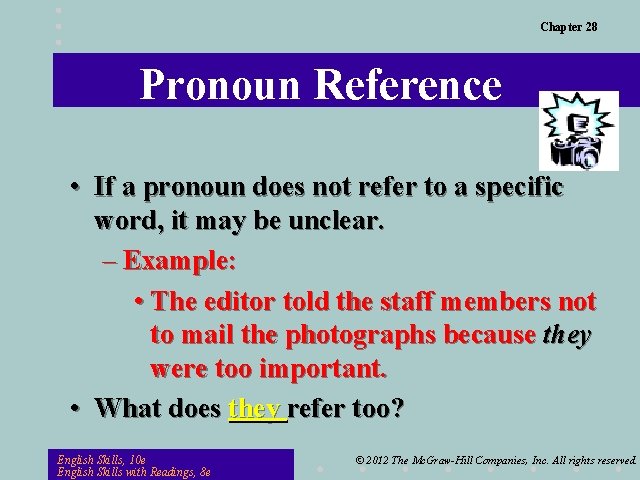 Chapter 28 Pronoun Reference • If a pronoun does not refer to a specific