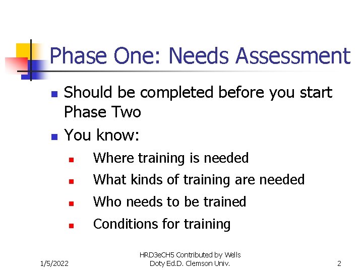 Phase One: Needs Assessment n n Should be completed before you start Phase Two