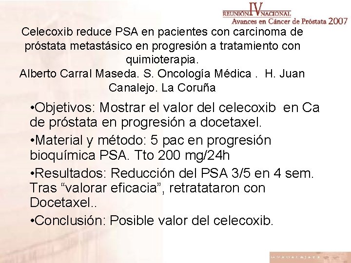 Celecoxib reduce PSA en pacientes con carcinoma de próstata metastásico en progresión a tratamiento