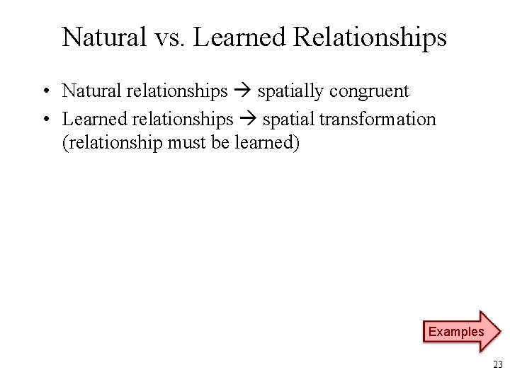 Natural vs. Learned Relationships • Natural relationships spatially congruent • Learned relationships spatial transformation