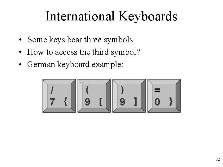 International Keyboards • Some keys bear three symbols • How to access the third