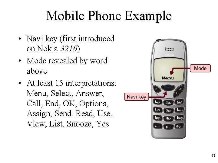 Mobile Phone Example • Navi key (first introduced on Nokia 3210) • Mode revealed