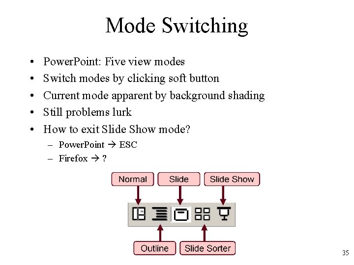 Mode Switching • • • Power. Point: Five view modes Switch modes by clicking