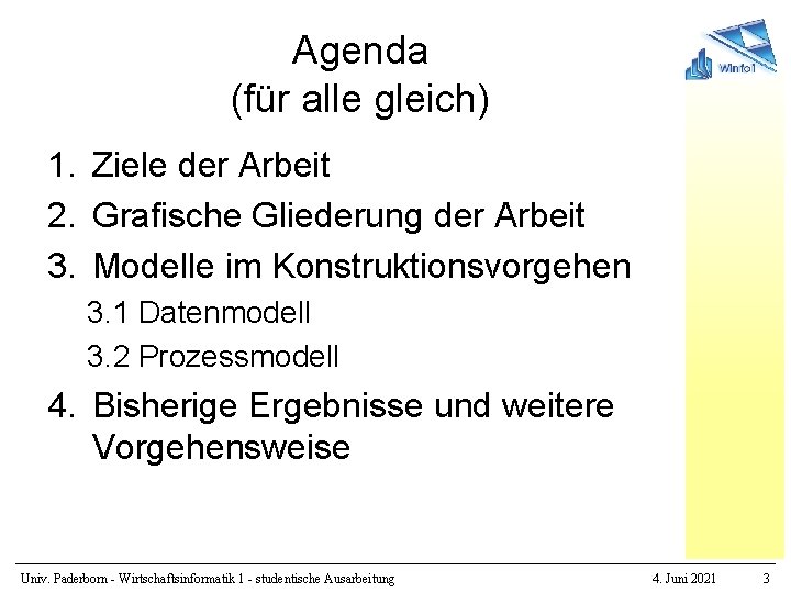 Agenda (für alle gleich) 1. Ziele der Arbeit 2. Grafische Gliederung der Arbeit 3.