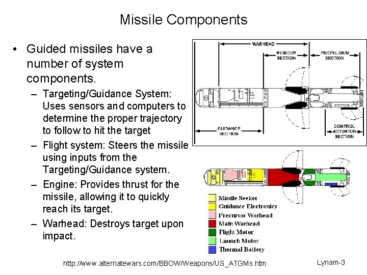 Missile Components • Guided missiles have a number of system components. – Targeting/Guidance System: