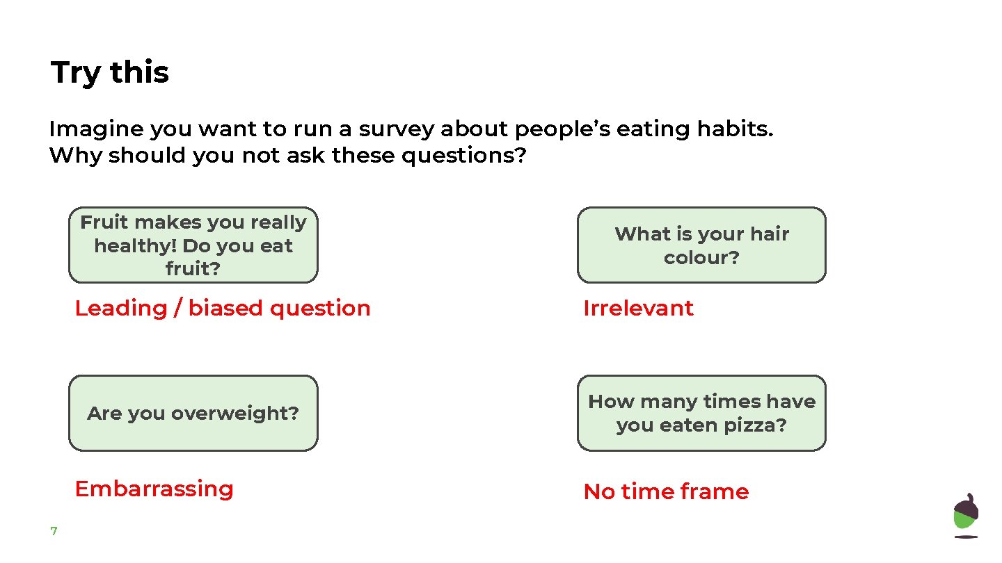 Try this Imagine you want to run a survey about people’s eating habits. Why