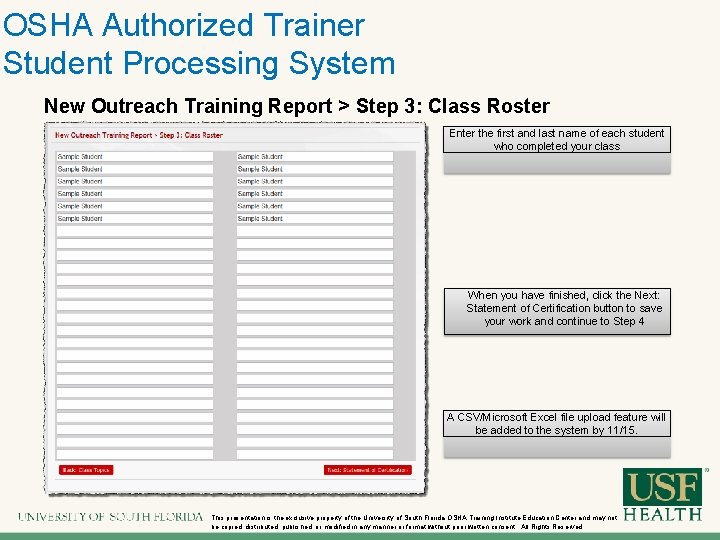 OSHA Authorized Trainer Student Processing System New Outreach Training Report > Step 3: Class