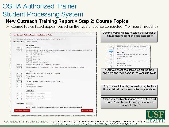 OSHA Authorized Trainer Student Processing System New Outreach Training Report > Step 2: Course