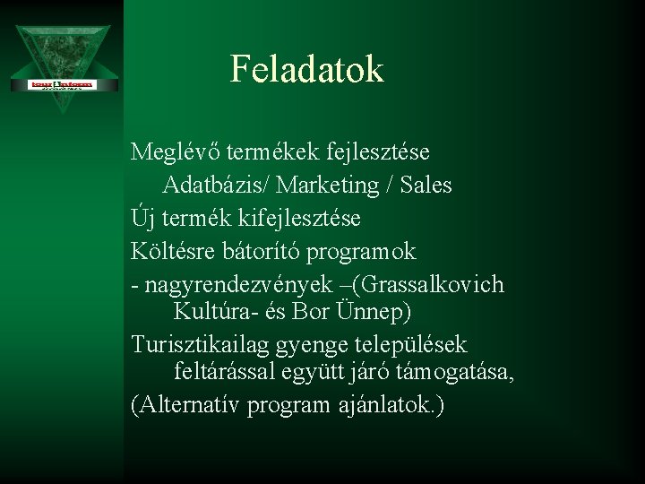 Feladatok Meglévő termékek fejlesztése Adatbázis/ Marketing / Sales Új termék kifejlesztése Költésre bátorító programok