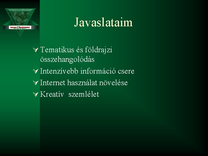 Javaslataim Ú Tematikus és földrajzi összehangolódás Ú Intenzívebb információ csere Ú Internet használat növelése