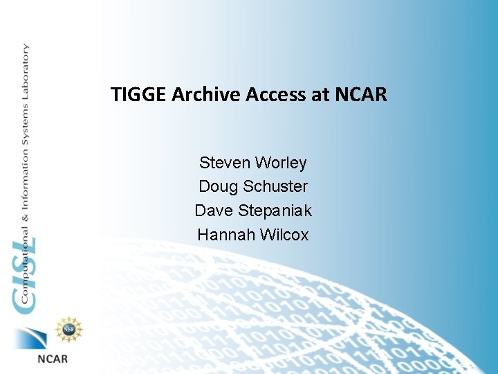TIGGE Archive Access at NCAR Steven Worley Doug Schuster Dave Stepaniak Hannah Wilcox 