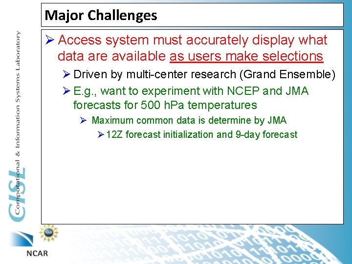 Major Challenges Ø Access system must accurately display what data are available as users