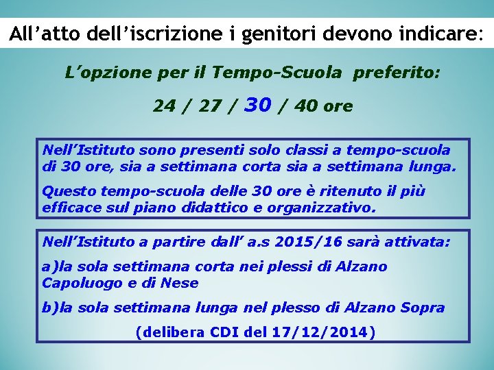 All’atto dell’iscrizione i genitori devono indicare: L’opzione per il Tempo-Scuola preferito: 24 / 27