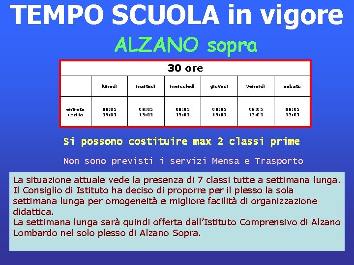 TEMPO SCUOLA in vigore ALZANO sopra 30 ore entrata uscita lunedì martedì mercoledì giovedì