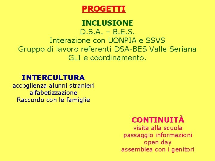 PROGETTI INCLUSIONE D. S. A. – B. E. S. Interazione con UONPIA e SSVS