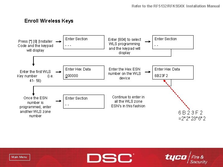 Refer to the RF 5132/RFK 55 XX Installation Manual Enroll Wireless Keys Press [*]