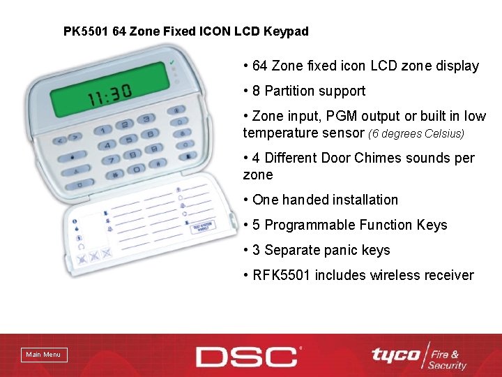 PK 5501 64 Zone Fixed ICON LCD Keypad • 64 Zone fixed icon LCD