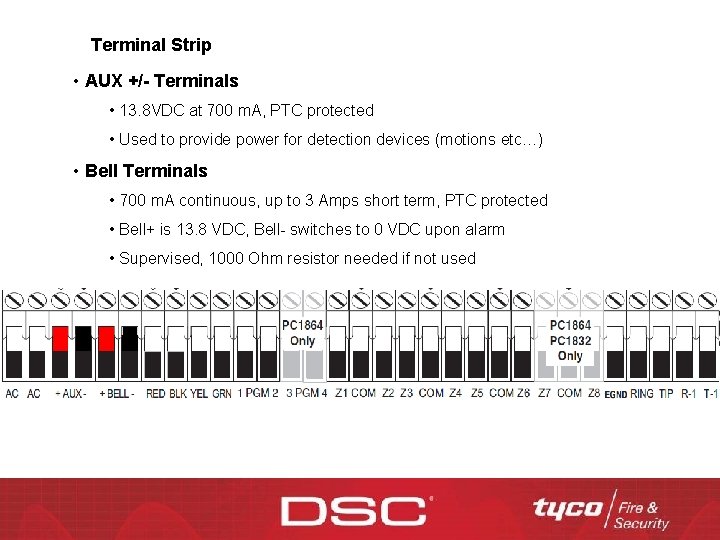 Terminal Strip • AUX +/- Terminals • 13. 8 VDC at 700 m. A,