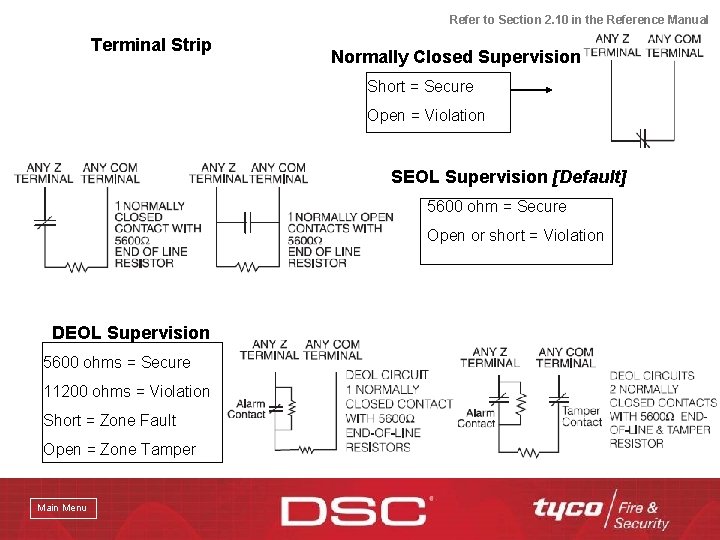 Refer to Section 2. 10 in the Reference Manual Terminal Strip Normally Closed Supervision
