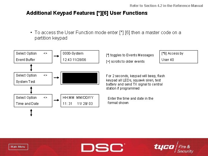 Refer to Section 4. 2 in the Reference Manual Additional Keypad Features [*][6] User