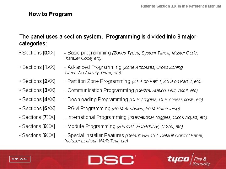 Refer to Section 3. X in the Reference Manual How to Program The panel