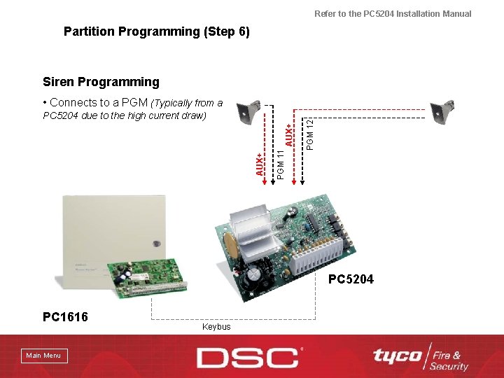 Refer to the PC 5204 Installation Manual Partition Programming (Step 6) Siren Programming PGM
