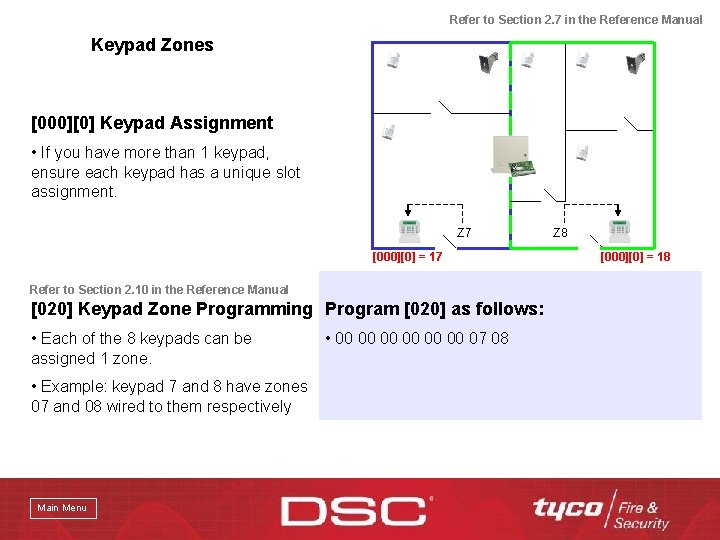 Refer to Section 2. 7 in the Reference Manual Keypad Zones [000][0] Keypad Assignment