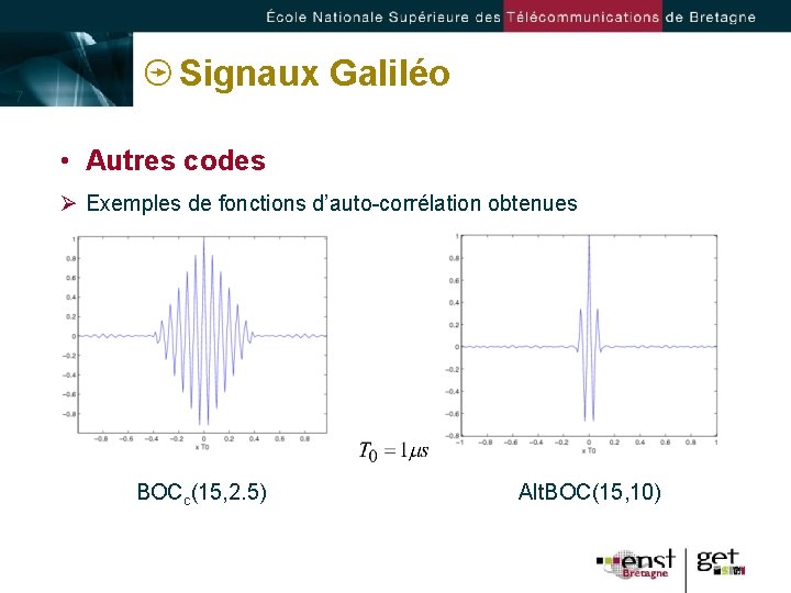 7 Signaux Galiléo • Autres codes Ø Exemples de fonctions d’auto-corrélation obtenues BOCc(15, 2.