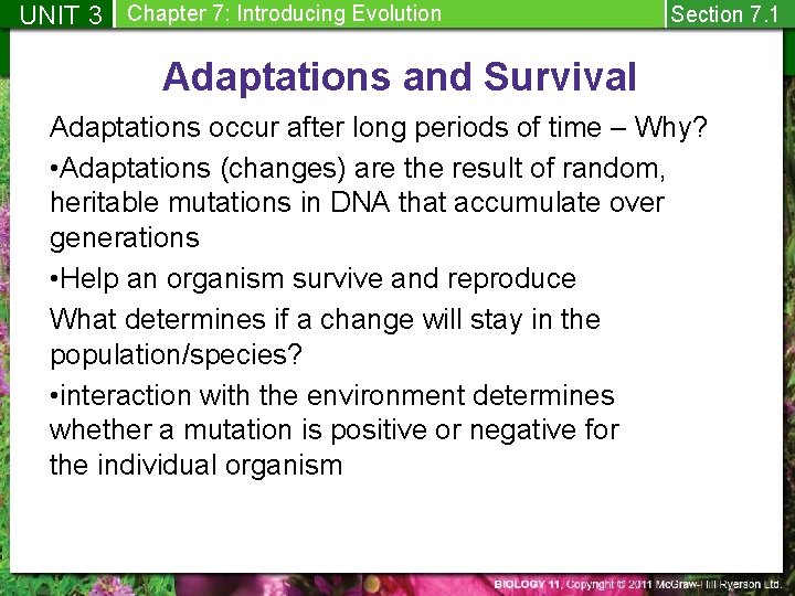 UNIT 3 Chapter 7: Introducing Evolution Section 7. 1 Adaptations and Survival Adaptations occur