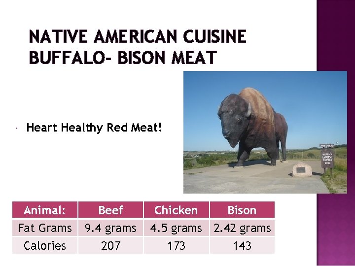 NATIVE AMERICAN CUISINE BUFFALO- BISON MEAT Heart Healthy Red Meat! Animal: Fat Grams Calories
